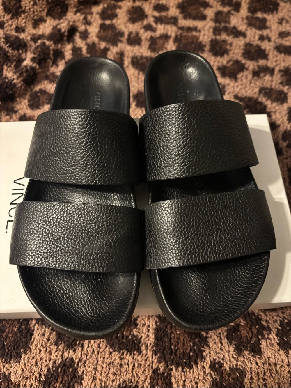Vince Georgie Black Double-Strap Leather Slide Sandals